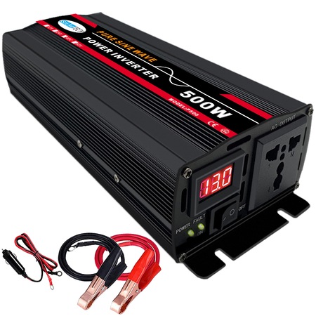 Invertor auto 12V, Unda sinusoidala pura, tensiune de iesire 220V, Putere de iesire 500W-1000W, Bricheta auto si Clip baterie, HouDeOS®, 21 x 10 x 6 cm, Negru