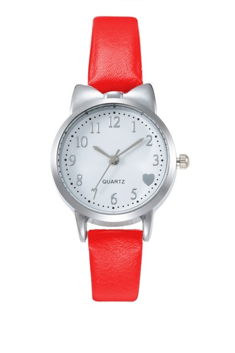 Ceas de dama Heart O'Clock, curea rosie din piele ecologica si cadran alb cu inimioara