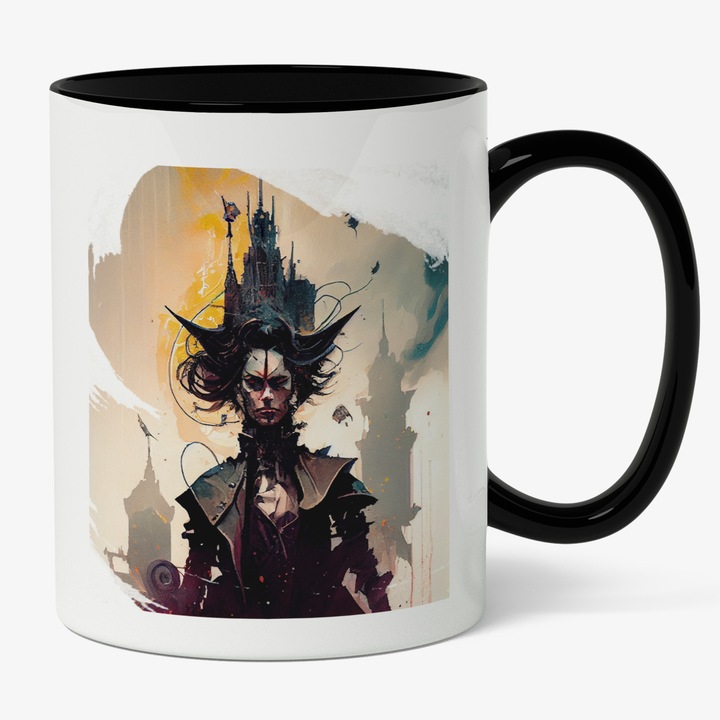 Cana Cu Pictura Femeie Razboinica Palarie Cu Cladiri Bizare, Big Bean, Lumea Poluata, Apocalipsa, Multicolor, 330 ml, Maner Negru