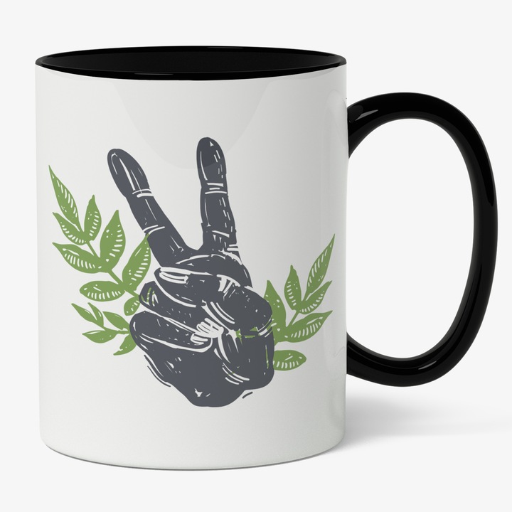 Cana Cu Mesajul Semnul Mainii Peace, Frunze Verzi, Pace, Iubre, Iubitorii De Pace, Negru Cu Verde, 330 ml, Maner Negru