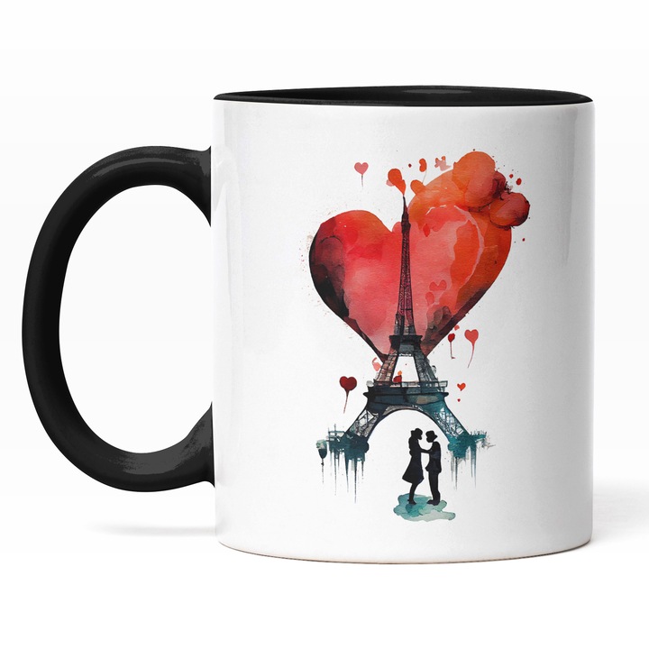 Cana Cu Pictura Indragostiti sub Turnul Eiffel, Balone Rosi In Forma De Inima, Paris, Orasul Indragostitilor, Valentine's Day, Multicolor, 330 ml, Maner Negru