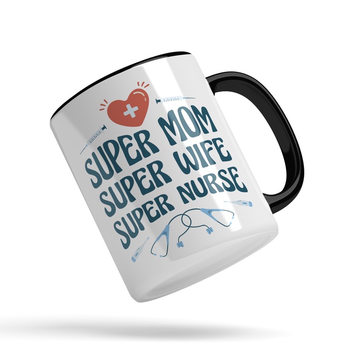 Cana Cu Mesajul Super Mom Super Wife Super Nurse, Text In Engleza, Albastru Rosu, Iubitorii De Medicina, 330 ml, Maner Negru