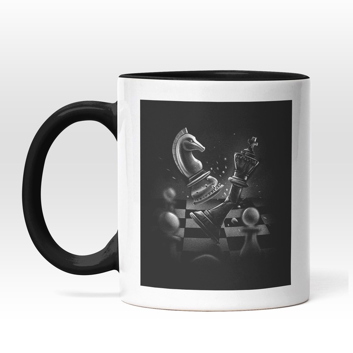 Cana Cu Piese De Sah, Jocul Mintii, Alb Negru, Iubitorii De Sah, 330 ml, Maner Negru