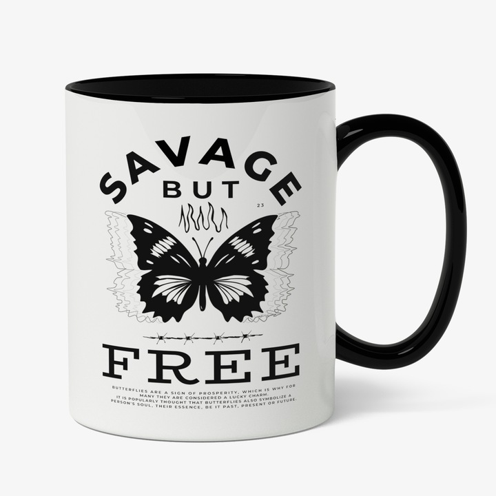 Cana Cu Mesaj Savage But Free, Fluture, Libertate, Iubitorii De Libertate, Negru, 330 ml, Maner Negru