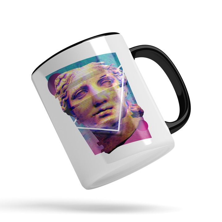 Cana Cu Arta Abstracta, Chip Sculptura Eroare Digitala, Fundal Roz Albastru, Arta Greceasca, Iubitorii De Istorie 330 ml, Maner Negru