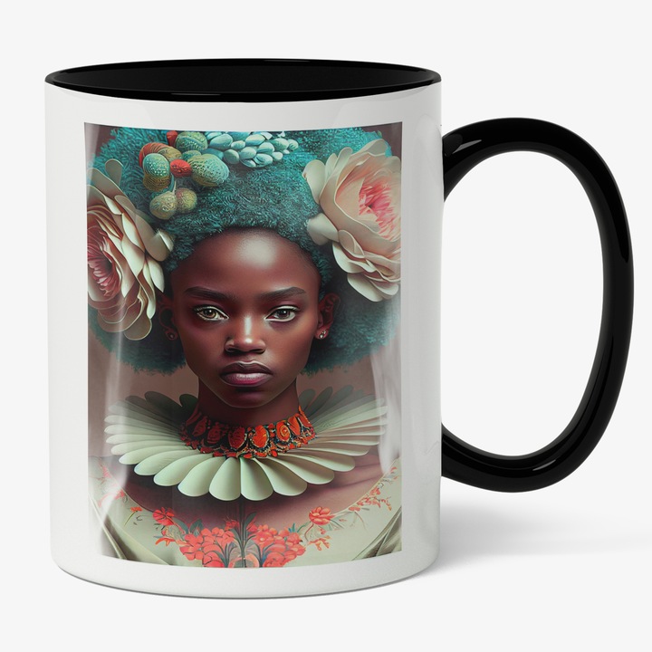 Cana Cu Portret Fata Par Albastru, Tiuta Bizara, Triburi Africane, Frumuseste Naturala, Multicolor, 330 ml, Maner Negru