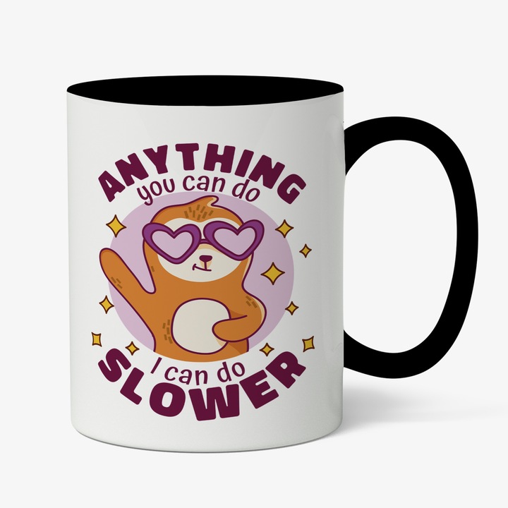 Cana Cu Mesajul Haios Lenes Anything You Can Do I Can Do Slower, Animal Lenes Cu Ochelarii Roz Inima, Animal Salbatic, De Relaxare, 330 ml, Maner Negru