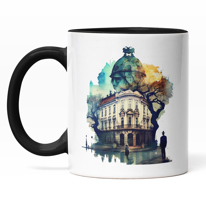 Cana Cu Strada Din Bucuresti, Coltul Unei Cladirii Contemporane, Oameni Mergand Prin Ploaie, Designe Abstract, Multicolor, 330 ml, Maner Negru