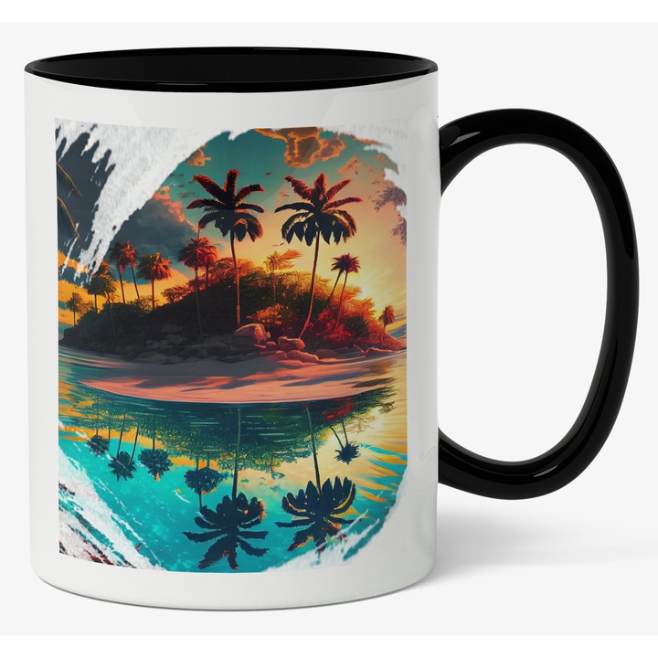 Cana Cu Peisaj Apus De Soare Pe O Insula Tropicala, Malul Marii, Copaci Exotici, Multicolor 330 ml, Maner Negru