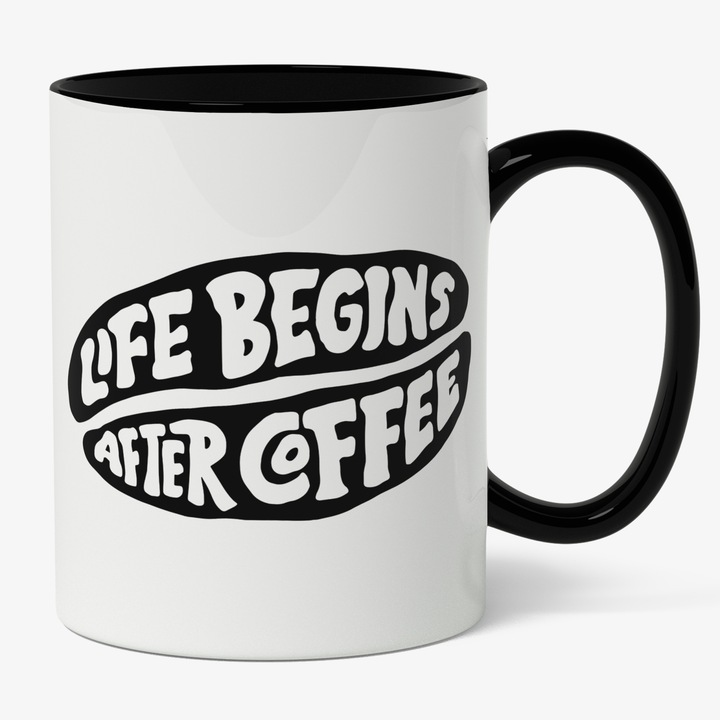 Cana Cu Mesajul Life Begin After Coffee, Bob De cafea, Dimineata Rece, Iubitorii De Cafea, Negru, 330 ml, Maner Negru