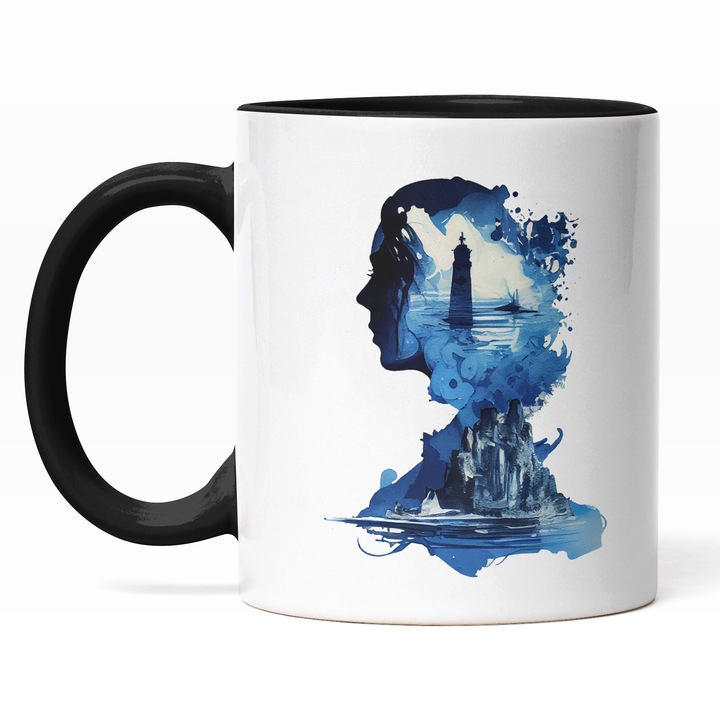 Cana Cu Pictura Curgatoare, Chip De Femei, Priveliste Iarna Far Stanca De Gheata, Greutatiile Femeii, Albastru, 330 ml, Maner Negru