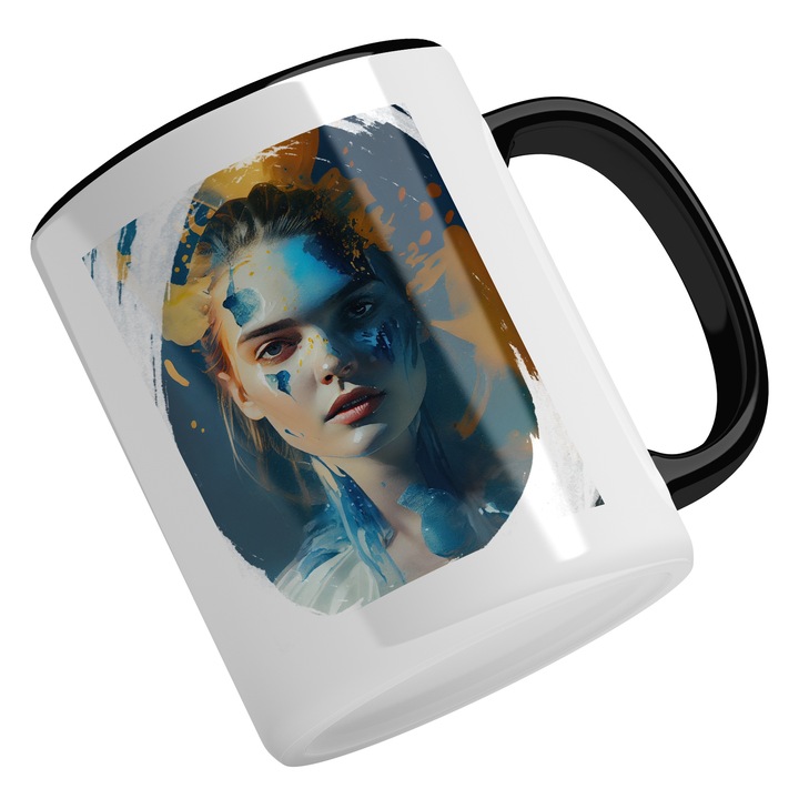 Cana Cu Pictura Chip Fata Pictata, Par Saten, Fata Palida, Multicolor, 330 ml, Maner Negru