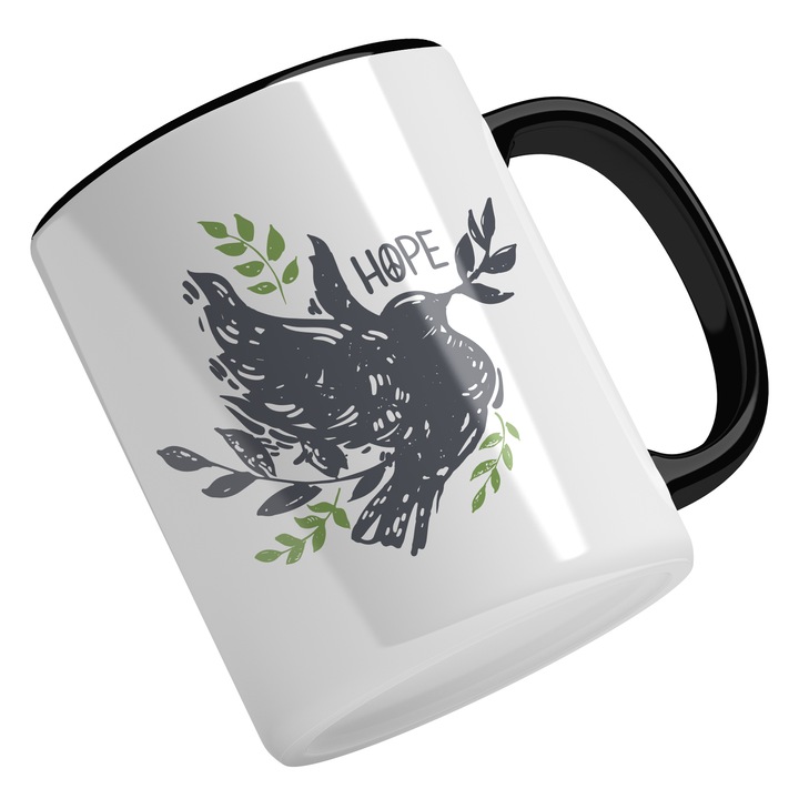 Cana Cu Porumbel Cu O Ramuria in Gura, Hope, Simbol Pace, Iubire, Bucurie, Gri, Verde 330 ml, Maner Negru