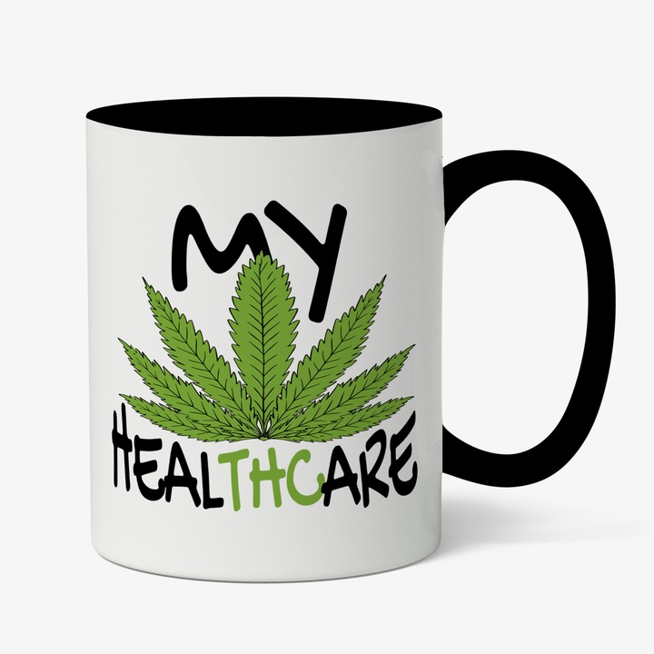 Cana Cu Mesajul My Healhcare, Weed, Verde Negru, Relaxare, Iubitorii De Relaxare, 330 ml, Maner Negru