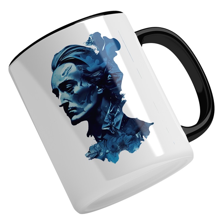 Cana Cu Portret Stil Mihai Eminescu Inghetati, Poetul Iubirii, Minte Luminata, Multicolor, 330 ml, Maner Negru