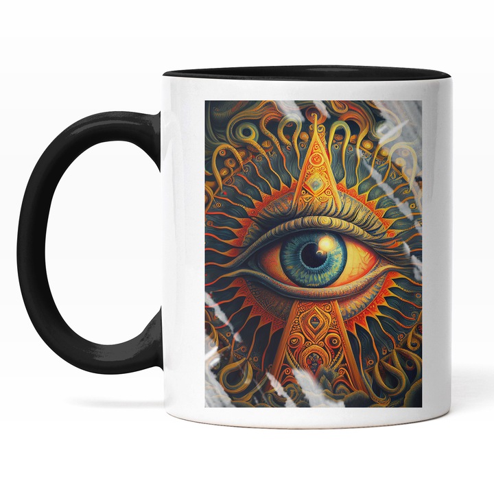 Cana Cu Ochii Bizar, Mozaic Iluminati, Ochii Albastru, Occult Eye, Multicolor, 330 ml, Maner Negru