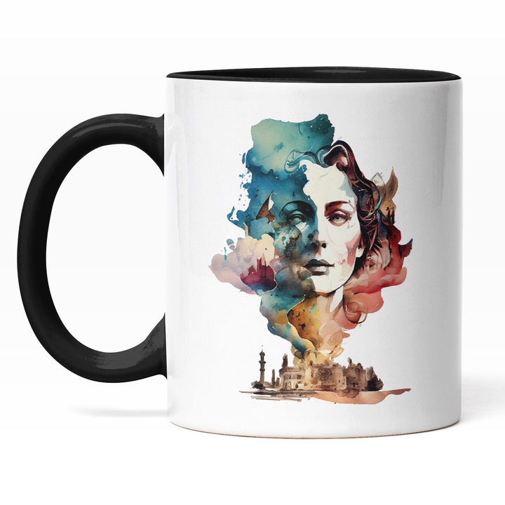 Cana Cu Portret Femeie Batrana, Din Fumul Din Oras, Turnuri Inalte Contemporane, Castelul Printesei, Multicolor, 330 ml, Maner Negru