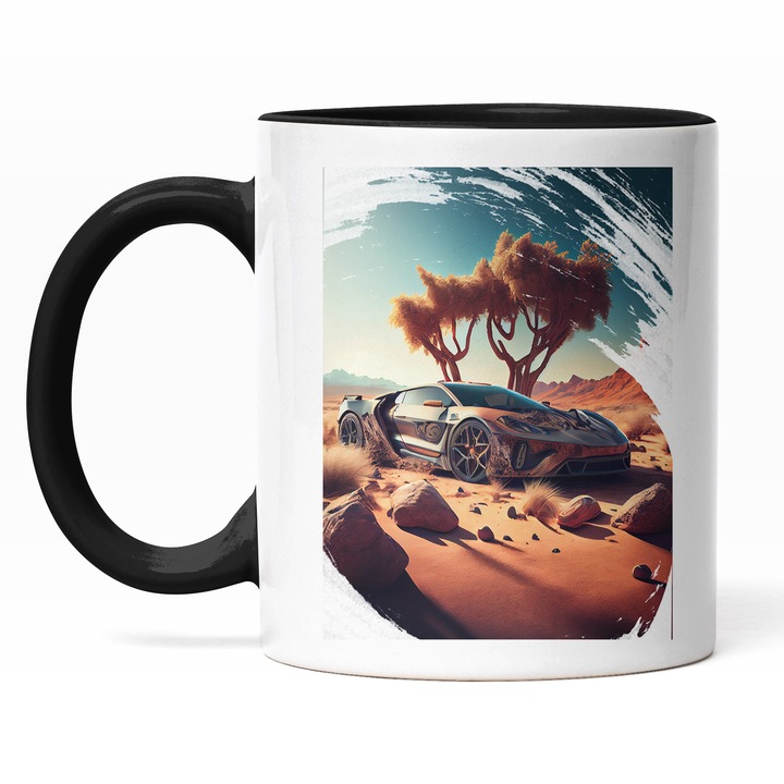 Cana Cu Masina Sport In Desert Langa Un Pom, Salbaticie, Caldura, Iubitorii De Masini, Multicolor, 330 ml, Maner Negru