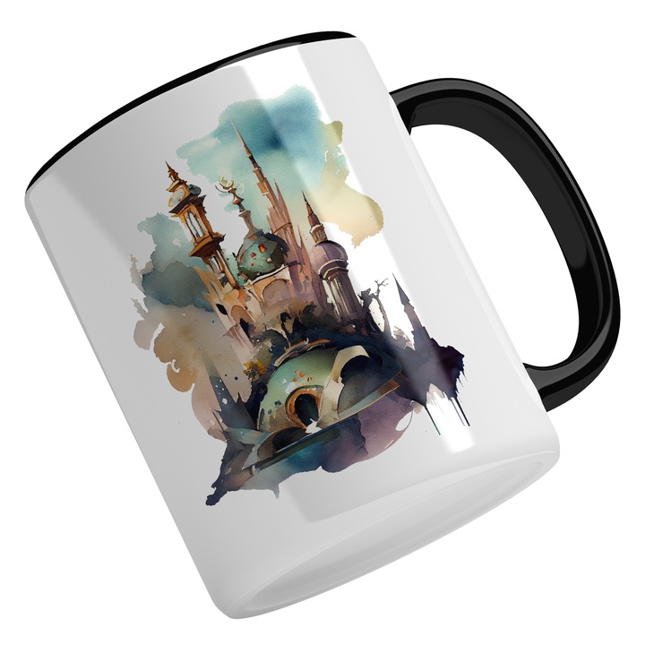 Cana Cu Priveliste Castel Cu Turnuri Stil Ciuperca, Caricatura, Desene Cu Printese, Copii, Multicolor, 330 ml, Maner Negru