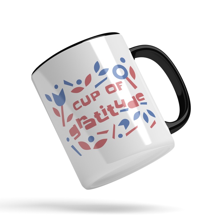 Cana Cu Mesajul Cup Of Gratitude, O cana De Recunostiinta, Albastru Rosu, Iubitorii De Liniste Si Pace 330 ml, Maner Negru