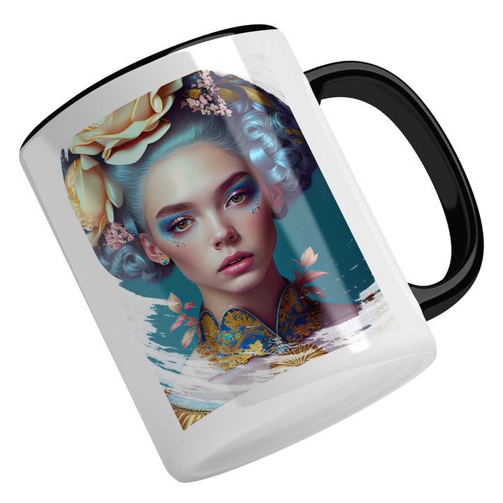 Cana Cu Portret Fata Flori In Par, Tiuta Bizara, Palida, Frumuseste Naturala, Multicolor, 330 ml, Maner Negru