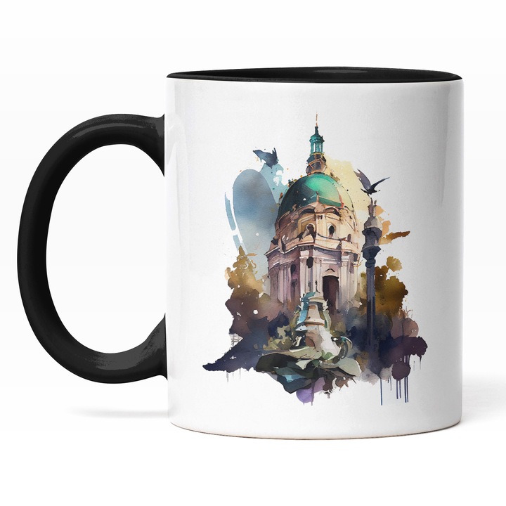 Cana Cu Cladire Din Bucuresti, Coltul Unei Cladirii Contemporane, Porumbei Zburand, Designe Abstract, Multicolor, 330 ml, Maner Negru