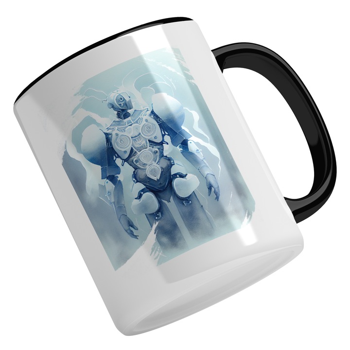 Cana Cu Portret Robot, Armura Alba, Lume Inghetata, SF, Inteligenta Artificiala, Multicolor, 330 ml, Maner Negru