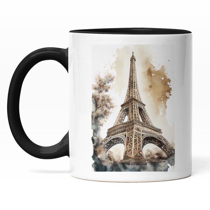 Cana Cu Peisaj Turnul Eiffel, Paris, Orasul Iubirii, Calatorii, Vacanta, Multicolor 330 ml, Maner Negru