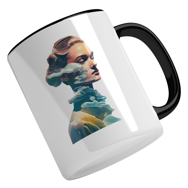 Cana Cu Pictura Chip Fata Nori Munti, Par Blond, Fata Palida, Arta Abstracta, Multicolor, 330 ml, Maner Negru