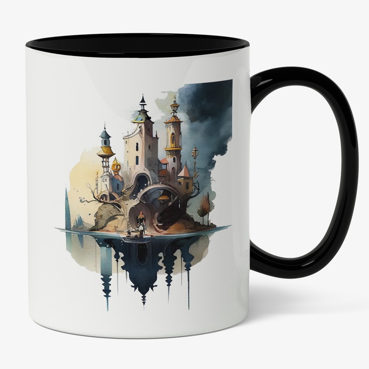 Cana Cu Priveliste Malul Priveliste Reflectata Castel Cu Turnuri Stil Ciuperca, Caricatura, Desene Cu Printese, Copii, Multicolor, 330 ml, Maner Negru