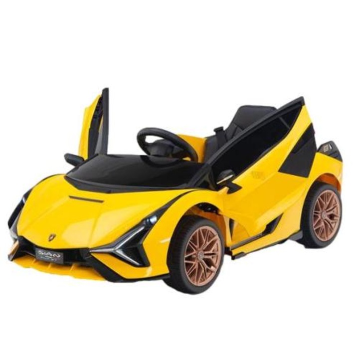 Masinuta electrica Lamborghini Sian, Manini, scaun piele ecologica, Bateria de 12 V, 4,5 AH, 2 motoare de 25 W, Galben