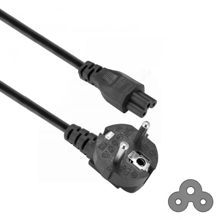 AC захранващ кабел Европейски контакт 90 градусов ъгъл - към IEC C5 захранващ щепсел, мъжки, 3 пина, 2,5 A, 250 V, 1,2 метра черен