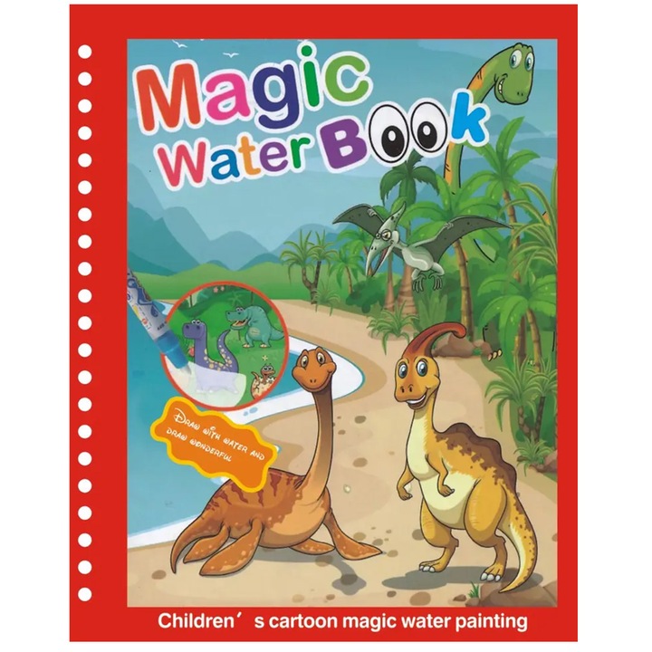 Carte de colorat cu apa, reutilizabila, 8 pagini, 4 imagini, Magic Water Book, Dino