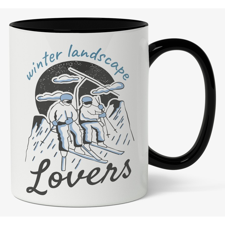 Cana Cu Mesajul In Engleza Winter Landscape Lovers, Oameni La Schi, Iarna, Iubitorii De Sporturi De Iarna, 330 ml, Maner Negru
