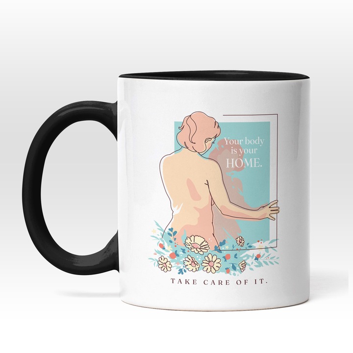 Cana Cu Arta Abstracta, Silueta Feminina Dezbracat Cu Spatele, Flori Colorate, Text In Engleza Your Body Is Your Soul, Self Love, Iubitorii De Sine, Multicolor, 330 ml, Maner Negru