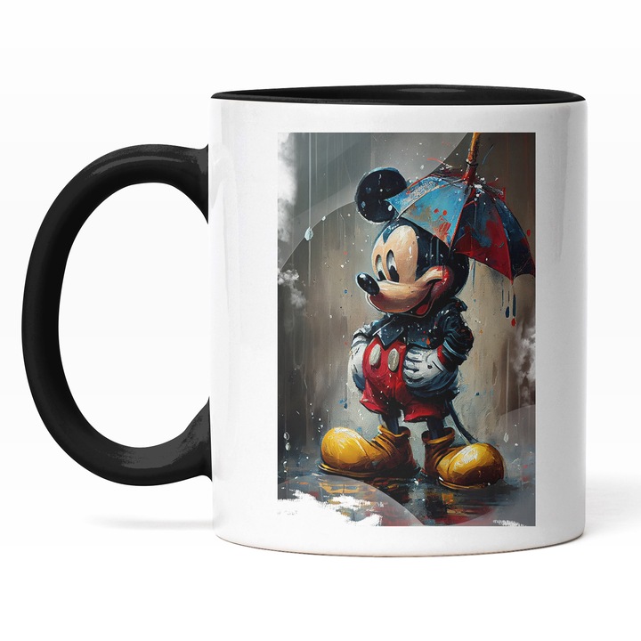 Cana Cu Pictura Mickey Mouse Cu Umbrela In Ploaie, Disney, Copii, Desene Animate, Multicolor, 330 ml, Maner Negru