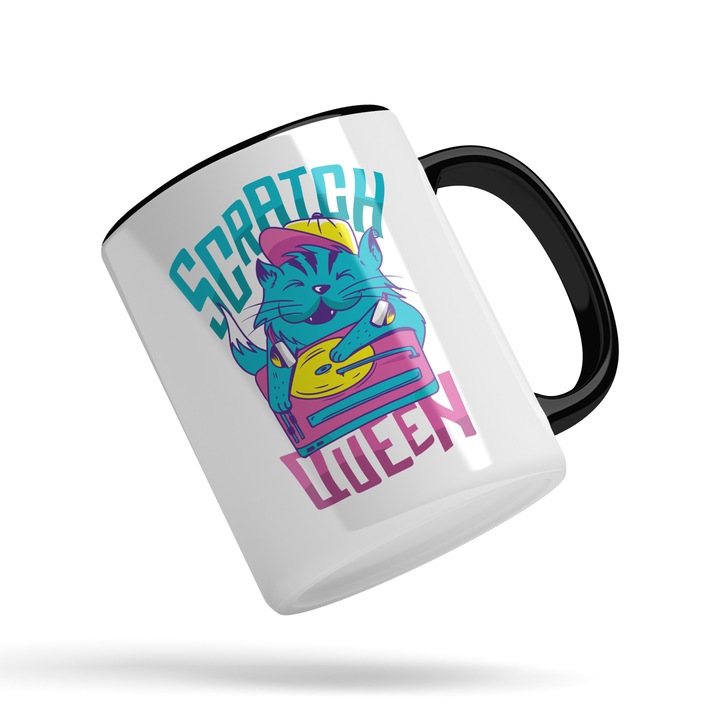 Cana Cu Mesajul Haios Scratch Queen, Pisica DJ, Palarie, Hippster, Iubitorii De Club, 330 ml, Maner Negru