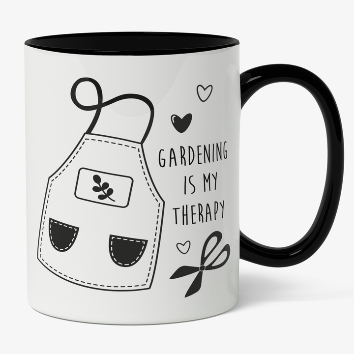 Cana Cu Mesajul Gardening Is My Therapi, Natura In Curtea Ta, Iubitorii De Gardinarit, 330 ml, Maner Negru