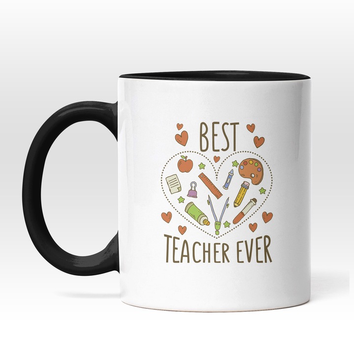 Cana Cu Mesajul Bst Teacher Ever, Inima Cu Rechizite Scolare, Text In Engleza, Cel Mai Bun Profesor, 330 ml, Maner Negru