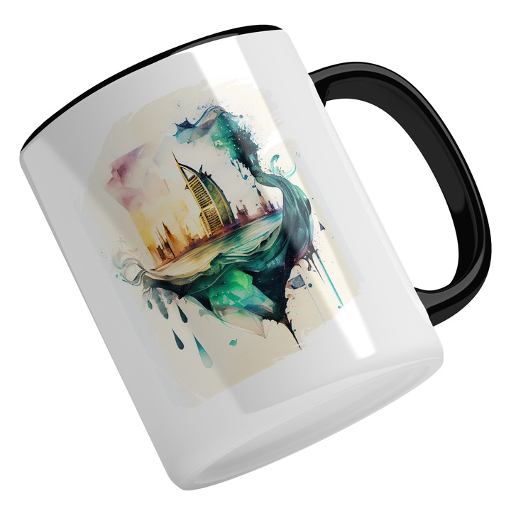 Cana Cu Pictura Priveliste Val Dubai, Apa Stralucitoare, Cladir Inalte, Vacanta, Calatorie, Negru, 330 ml, Maner Negru