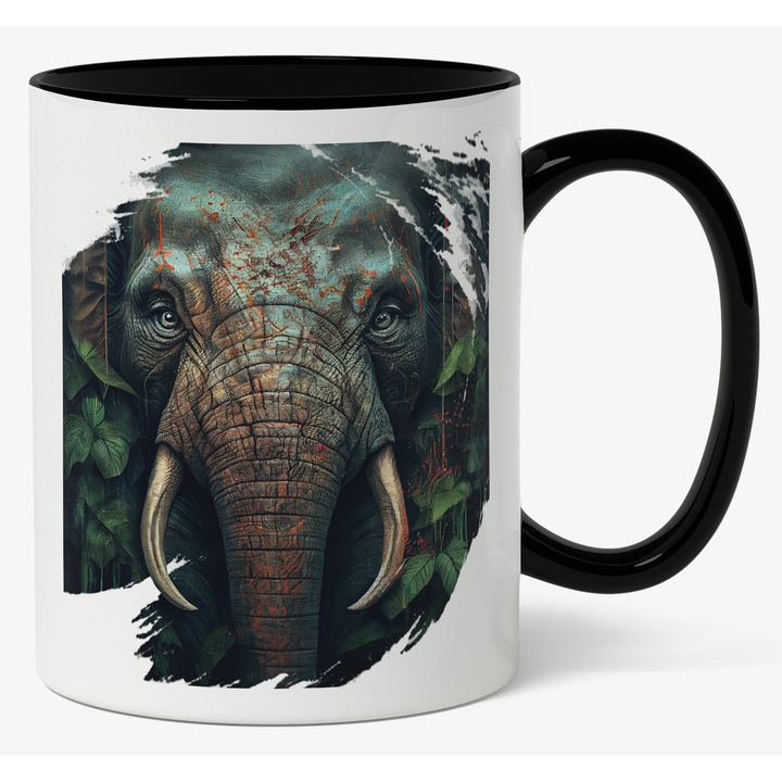 Cana Cu Portret Elefant Batran, Animal Gigant Puternic, Salbatcie, Frumusetea Nataurii, Multicolor, 330 ml, Maner Negru