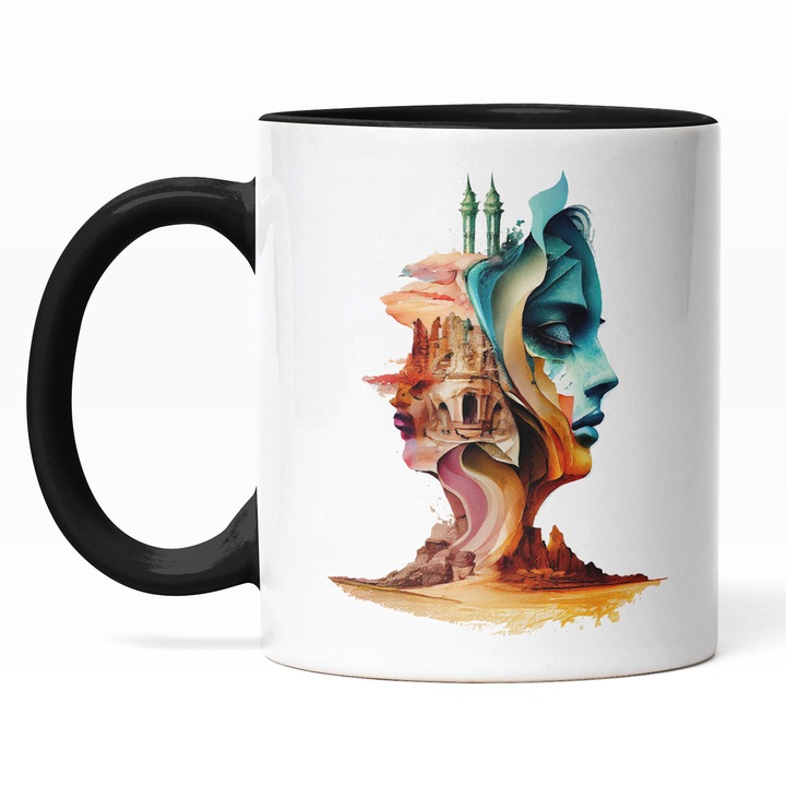 Cana Cu Portret Fata, Turnuri Inalte Contemporane, Castelul Printesei, Basme, Arta Abstracta, Multicolor, 330 ml, Maner Negru