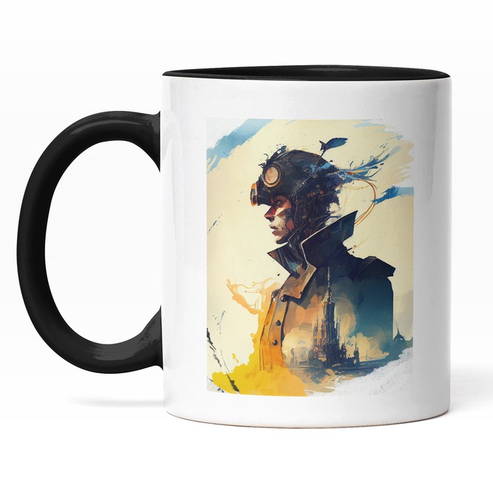 Cana Cu Pictura Femeie Razboinica, Haina Cu Cladiri Bizare, Castel, Lumea Poluata, Apocalipsa, Multicolor, 330 ml, Maner Negru