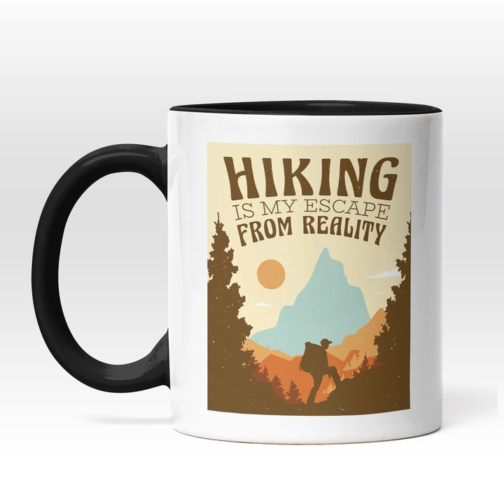 Cana Cu Mesaj Hiking Is My Escape From Reality, Priveliste Montana, Cercetas, Iubitorii De Aventura, 330 ml, Maner Negru