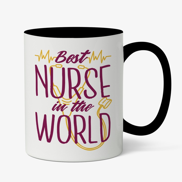 Cana Cu Mesajul The Best Nurse In The World, Asistenta Medicala, Mov Galben, Love Yurself, Iubitorii De Medicina, 330 ml, Maner Negru