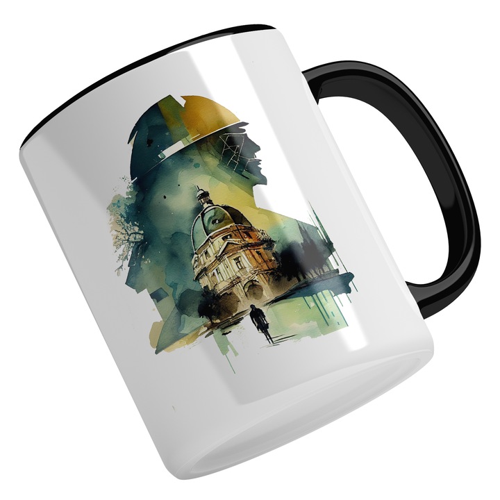 Cana Cu Om Mergand Spre Biserica, Sileata Barbateasca In Fundal, Arta Abstracta, Personaizat, Multicolor, 330 ml, Maner Negru