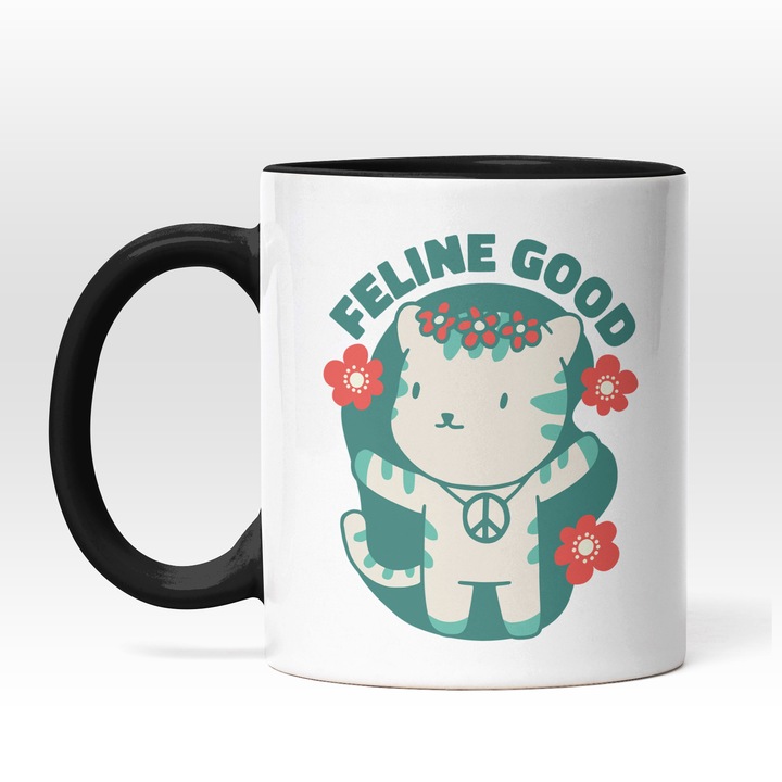 Cana Cu Mesajul Feling Good, Pisica Cu Bandana De Flori Rosi, Medalion Simbolul Pacii, Hippie, Iubitorii De Pace, 330 ml, Maner Negru