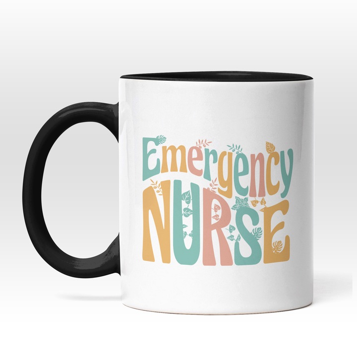 Cana Cu Mesajul Colorat Emergency Nurse, Asistente Medicale, Multicolor, Spitale Colorate, Iubitorii De Medicina, 330 ml, Maner Negru