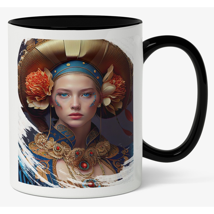 Cana Cu Portret 'Alania', Fata Cu Palarie Bizara, Ochii Albastri, Zeita Floriilor, Medalion Rosu, Multicolor, 330 ml, Maner Negru