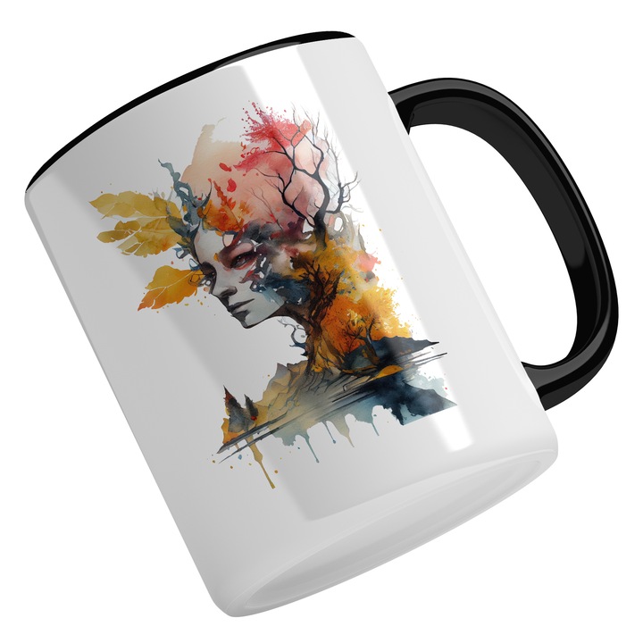 Cana Cu Pictura Curgatoare, Portret Regina Taomnei, Copac Uscat, Tablou De Toamna, SF, Multicolor, 330 ml, Maner Negru